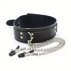ปลอกคอพันธนาการ BDSM หนังวัวแท้พร้อมคลิปหนีบหัวนมโซ่สำหรับคู่รักผู้ใหญ่อุปกรณ์พันธนาการเซ็กซ์ทอย - Product Image 2