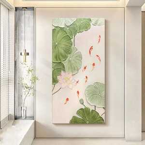 Hand Painted Oil Painting Lotus And Koi Fish <b>Art</b> Wall Decor For Entrance Hallway Hanging Canvas Artwork Thick Texture Abstract - Product Image 4