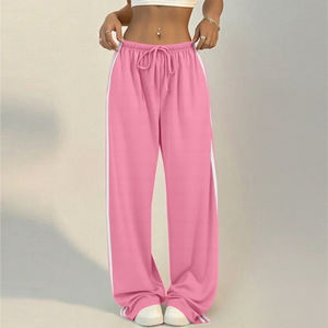 Pantalones de chándal de mujer de cintura alta a rayas de pierna ancha, holgados e informales <span class=keywords><strong>con</strong></span> cordón y dobladillo dividido para ropa urbana y de descanso - Product Image 6