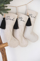 Chaussettes de Noël personnalisées en lin beige neutre, style minimaliste, pour la famille, fête de Noël, chaussettes de Noël personnalisées