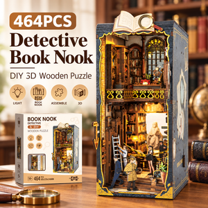 Kit Book Nook <span class=keywords><strong>Detective</strong></span> da 464 Pezzi, Puzzle 3D in Legno Fai da Te, Scena in Miniatura da Inserire nella Libreria con Luce - Product Image 1