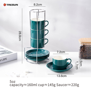 Elegantes tazas de porcelana azules para regalo de boda, recuerdo para invitados, tazas de espresso con platillos apilables, tazas de capuchino con soporte. - Product Image 4