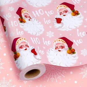 Pink Santa <b>Wrapping</b> <b>Paper</b> Reversible Vintage Design Snowflakes Christmas Gift Craft 46.8 Square Feet Recyclable - Product Image 1