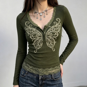 Top de Punto con Estampado de Mariposas y Encaje, Cuello en V, Botones al Frente, Estilo Y2K, Ajustado, Vintage, para Chicas Modernas - Product Image 2