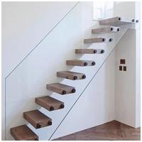 CBMMart Escalier d'intérieur moderne Escaliers droits flottants Escalier intérieur mono limon avec bande de roulement en bois et garde-corps en verre