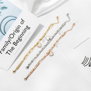 New Arrival Stainless Steel Paperclip <b>Chain</b> Gold Plated Heart Pendant Charm Pearl Loves Bracelet - Product Image 5