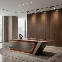 Escritorio Ejecutivo Moderno de 2400 mm con Iluminación LED Inteligente, Chapa de Madera de Cristal, MDF E1, Mesa de Lujo para Directores