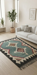 Boho Turquoise Wool Jute <b>Rug</b> Tribal Geometric Handmade Area Carpet for <b>Rustic</b> Farmhouse Bedroom Living Room Home Floor Decor - Product Image 3