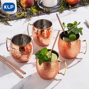 KLP dövülmüş Moscow Mule kupaları dövülmüş bardak paslanmaz çelik bakır kaplama altın kolları kupa seti 4