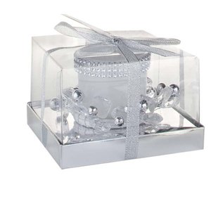 Ornamento natalizio in cristallo, sfera di vetro trasparente da 55 mm di diametro con perline argentate e nastro, decorazione decorativa per l'albero di Natale - Product Image 1