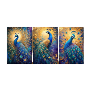 Juego de 3 Cuadros Decorativos de Lienzo con Diseño de Pavo Real, Pintura Abstracta Dorada y Azul, Decoración Moderna para Sala de Estar, Tríptico - Product Image 1