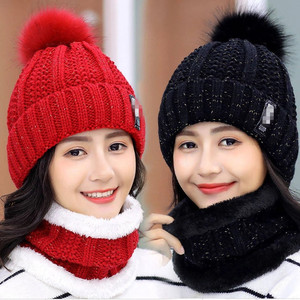 Ensemble bonnet et écharpe d'hiver pour femme, tricoté, chaud, épais, coupe-vent, avec pompon - Product Image 1