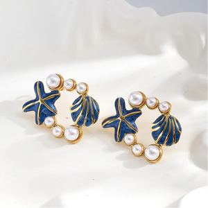 Boucles d'oreilles élégantes de style océanique en acier inoxydable 304 plaqué or avec perles acryliques en forme d'étoile de mer et de coquillage, bijoux fantaisie - Product Image 6
