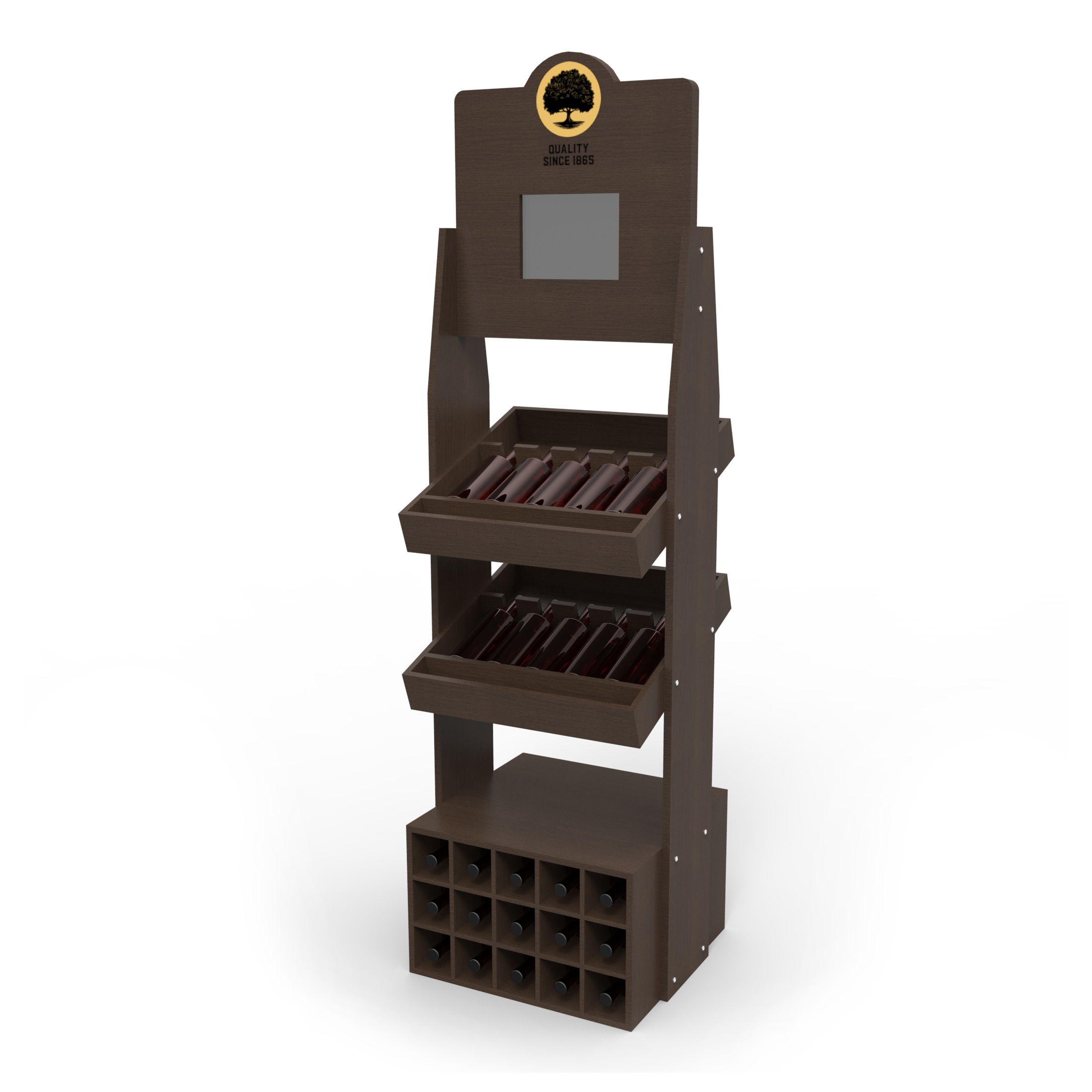 Custom Shop Whiskey Wine Bottle Floor Wooden Tequila Cocktail Store Wood Drink Display Stand with LCD — view 2