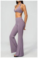 Ensemble de yoga deux pièces OEM écologique en Spandex/Nylon, col halter en V, taille haute, couleur unie, avec soutien-gorge et leggings évasés, respirant et à séchage rapide