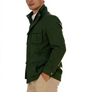 <b>Men's</b> Olive Green Fleece <b>Jacket</b> Stand Collar Zipper Closure Casual Regular Fit Autumn Waterproof Breathable Windproof <b>Canvas</b> - Product Image 3