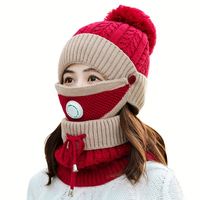 Ensemble 3 pièces bonnet tricoté hiver femme fille avec pompon fourrure, masque et écharpe en acrylique avec valve respirante