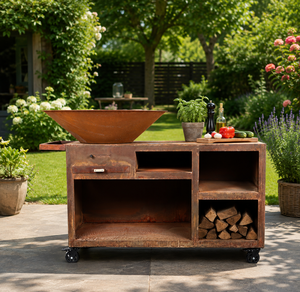 Vente directe <span class=keywords><strong>en</strong></span> gros - Barbecue multifonctionnel pour cuisine extérieure, <span class=keywords><strong>plancha</strong></span> <span class=keywords><strong>en</strong></span> acier corten à bois avec rangement pour bûches - Product Image 1