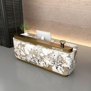 Mostrador de Recepción Curvo en Oferta, Barra de Bar Lacada con Aspecto de Mármol para Vestíbulo de Hotel, Estación de Caja de Acero Inoxidable - Product Image 4