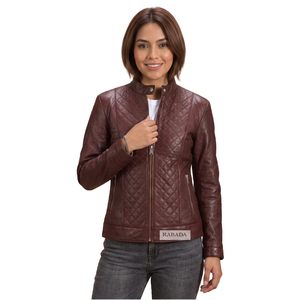 Quilted Leather <b>Jacket</b> Maroon Biker Outerwear Diamond Stitched Stand Collar Zip Coat Women Quilted Leather <b>Jackets</b> - Product Image 2