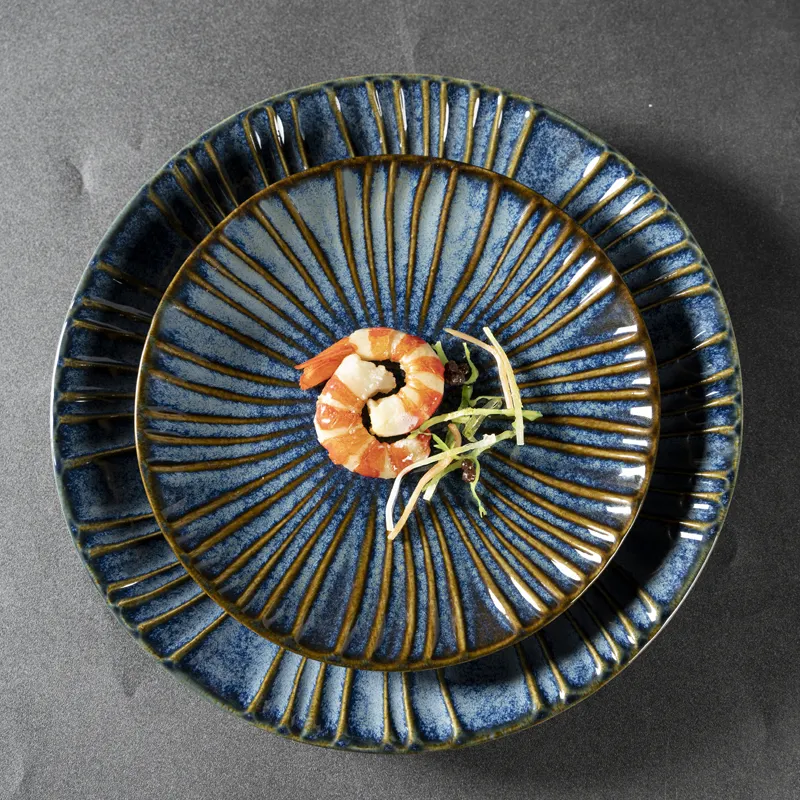 Round Plate Japanese Style 8/10.5 Inch Microwave Antique Dish Ceramic Round Blue Dinner Porcelain Plates