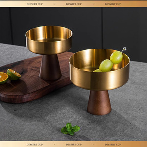 Stainless Steel Ice Cream Cup With Wooden Base Round Fruit <b>Dessert</b> Bowl For Party Snack Serving - Product Image 5