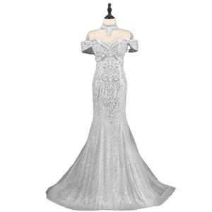 Gaun malam wanita, grosir gaya wanita mewah gemerlap manik-manik berlian imitasi elegan abu-abu panjang pesta Prom - Product Image 1