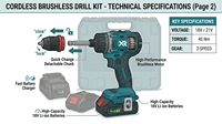 Perceuse sans fil 21V sans balais avec mandrin détachable 10mm, double batterie lithium 2.0Ah, mallette de transport professionnelle pour l'entretien industriel