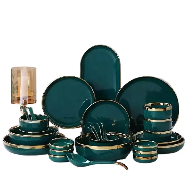 Оптовая продажа, зеленые предметы в скандинавском стиле, фарфоровая посуда, фарфоровые керамические тарелки, столовая посуда, обеденный набор