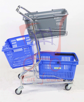 Chariots de courses en métal avec revêtement en résine, chariot de courses à deux paniers de style japonais pour supermarché avec revêtement par immersion
