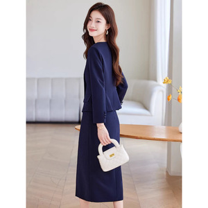Blue Women's Suit Set Midi Skirt Three Quarter Sleeve Formal Work Attire Anti-Wrinkle Worsted Fabric - Product Image 4