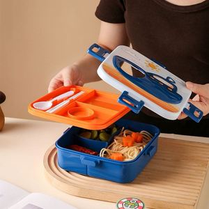 Children Students Office Workers Creative Cartoon Food-Grade PP Double Layer Compartment <b>Lunch</b> <b>Box</b> With Fork & Spoon Lid - Product Image 4
