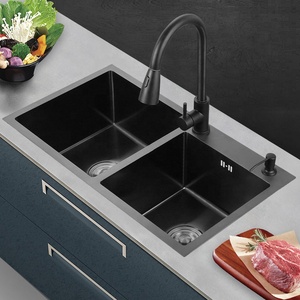 Évier de cuisine double fait main en acier inoxydable noir, moderne, carré, Aquacubic Cupc, avec robinet en laiton brossé doré de 8 pouces - Product Image 2