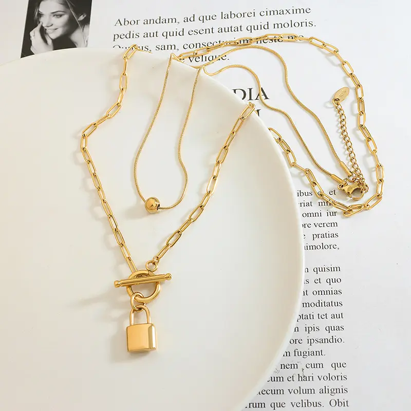 High Quality Gold Layered Necklace Stainless Steel 18k Jewelry Women Lock Pendant Chain Necklace Jewelry