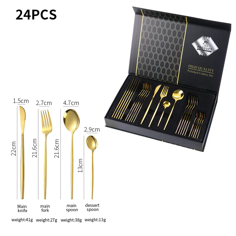 Pabrik langsung Emas Perak 24 buah meja emas portabel makan peralatan makan set alat makan untuk pernikahan jamuan pesta dengan kotak hadiah