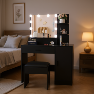Mesa de maquillaje con espejo LED, 3 estantes, 1 cajón, taburete acolchado para dormitorio, diseño moderno - Product Image 2