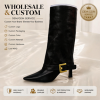 Bottes hautes en cuir de vachette ciré sur mesure, bout pointu, talon aiguille, boucle carrée, fermeture éclair latérale, doublure café, OEM ODM, couleur personnalisée