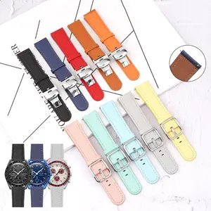 YUNSE Várias Cores Relógio De Couro Genuine Substituição Deployment Butterfly Fecho Adequado Para Omga Moon Watch