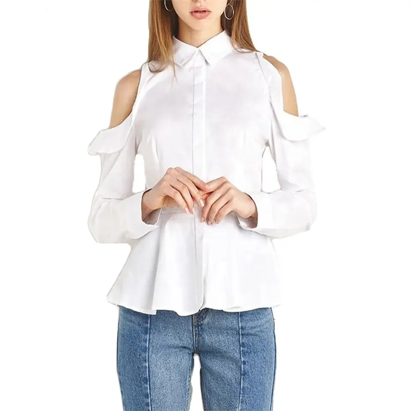 Blusa de manga larga con hombros descubiertos para mujer, blusa informal Lisa teñida de poliéster y algodón transpirable