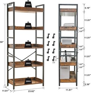 5 Tier Open Bookcase Rustic Farmhouse Book Shelves Industrial Wood Black Metal <strong>Bookshelves</strong> <strong>Mid</strong> <strong>Century</strong> Bookcase Home Office - Product Image 4