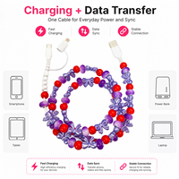 Câble de charge perlé avec nœud lavande, rouge et violet, mignon et kawaii, cordon de téléphone 3-en-1 USB Type C, accessoire de mode, cadeau