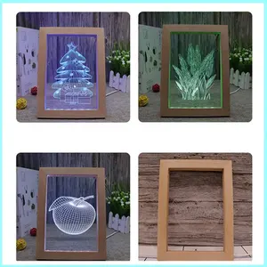 Wood Photo Frame 3D LED Night Light RGB 7 cores Decoração personalizada Natal Casamento Aniversário Presentes