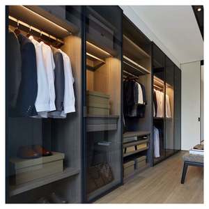 Modern Matte Black Display Doors Bedroom Wardrobe System Stainless Steel Frame Multifunctional Wall Closet with <b>Glass</b> <b>Shelves</b> - Product Image 3