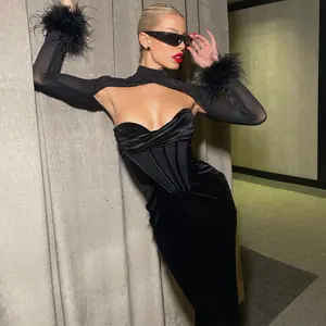 sexy Black Velvet ladies elegant maxi dresses backless party prom dresses for woman sexy hot long sleeve with Feather two piece