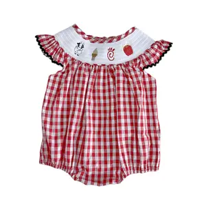 High Quality Baby Girls Smocked Bubble Newborn Infant Boutique Matching outfit Toddler Gingham Ruffle romper
