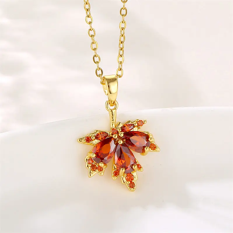 Canadian Maple Leaf Gold Necklace Spring Green Autumn Purple Sweater Chain Cubic Zirconia Jewelry For Mother Women Gifts