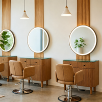 Station de coiffure en bois avec miroir mural rond, meuble de barbier avec dessus en verre, tiroirs et armoire de rangement, mobilier de salon