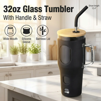 Vaso de Vidrio de Borosilicato de Alta Calidad de 32oz con Asa, Tapa de Bambú, Marcador de Tiempo y Funda de Silicona, Vaso para Auto de Boca Ancha
