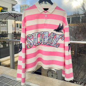 Camiseta de Algodón Grueso con Logotipo Gráfico Personalizado, Camiseta Polo de Manga Larga con Pedrería de Diseñador de Alta Calidad - Product Image 6