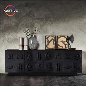 Credenza Moderna con Intagli Simbolici e Finitura Nero Opaco, Realizzata in Compensato per Spazi Artistici, Aparador - Product Image 1